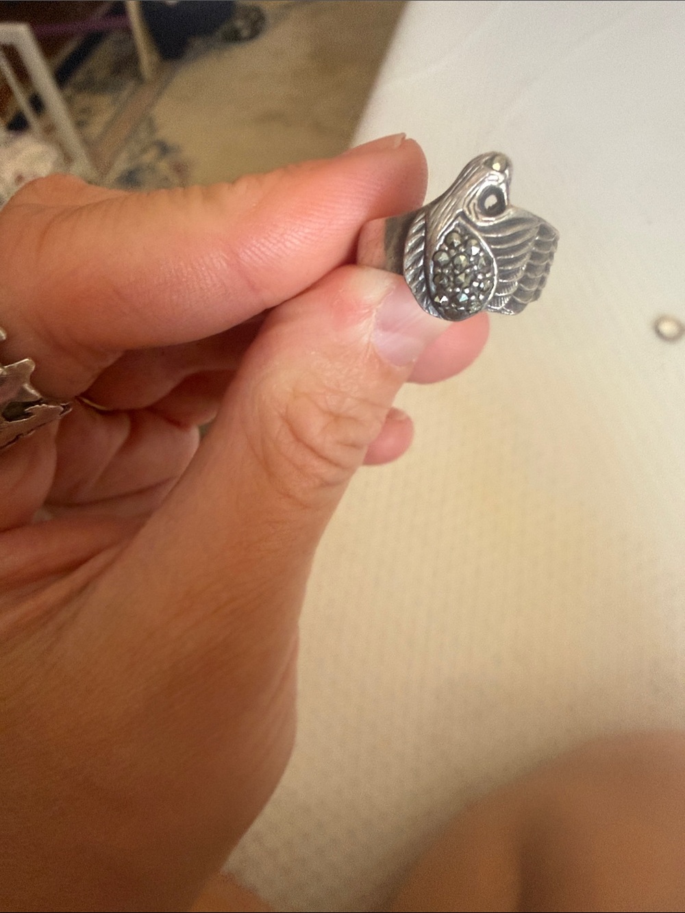 Sterling Silver Swan Ring with Marcasite Accent - Silver
